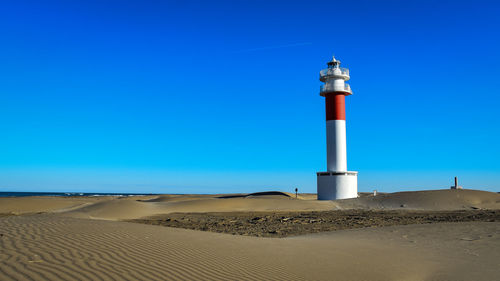 Lighthouse on beach against clear blue sky