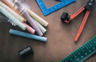 High angle view of colored pencils on table