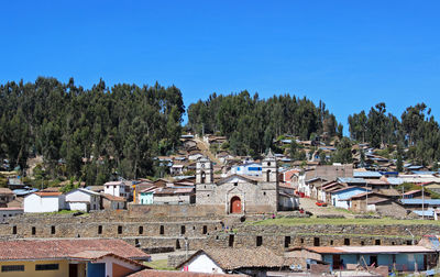 Panoramic view of buildings and trees against clear blue sky