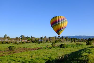Hot air balloons on landscape against clear sky