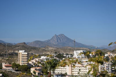 Buildings in city against clear blue sky