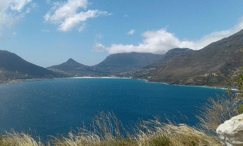 Scenic view of lake and mountains against sky