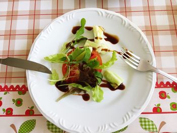 High angle view of salad in plate on table