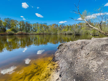 Scenic view of lake against blue sky