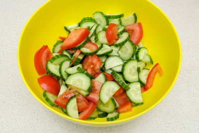 High angle view of chopped vegetables in bowl