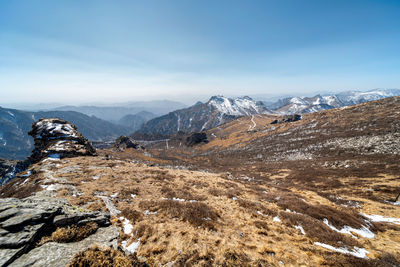 Scenic view of snowcapped mountains against sky