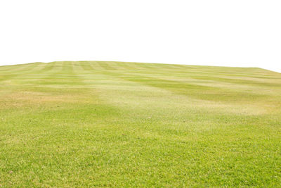 Scenic view of golf course against clear sky