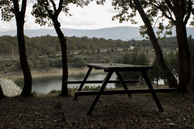 Empty chairs and table by trees on landscape