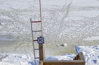 Close-up of frozen water against sky