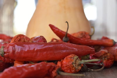 Close-up of red chili peppers in plate on table