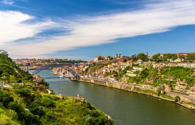 High angle view of river amidst buildings against sky