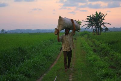 Full length of farmer carrying crops in sack on head at farm during sunset