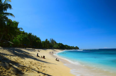 Scenic view of beach against clear blue sky