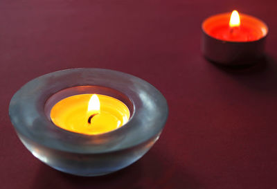 Close-up of illuminated tea light candle on table