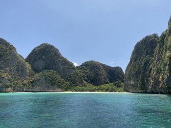 Scenic view of sea against clear blue sky