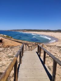 Scenic view of beach against clear blue sky