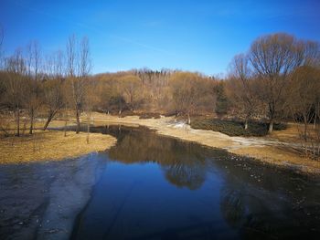 Reflection of bare trees in lake against sky