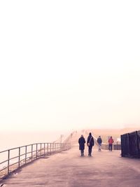 Rear view of people at beach against clear sky