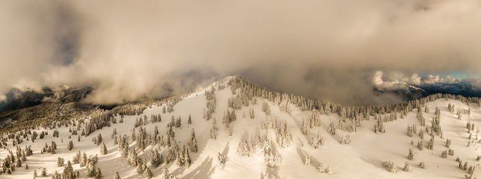 Panoramic view of snow covered mountain against sky