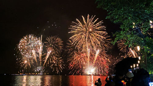 Low angle view of firework display at night