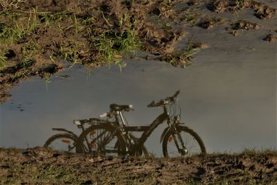 View of bicycle in puddle