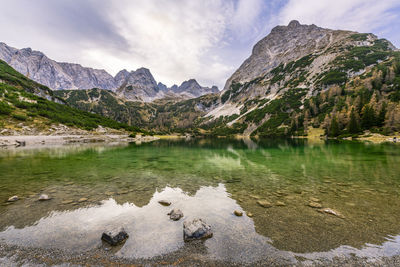 Scenic view of lake and mountains against sky