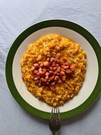 High angle view of breakfast served on table