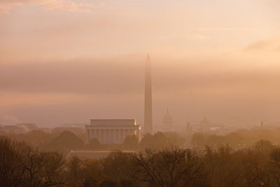 View of city against sky during sunset