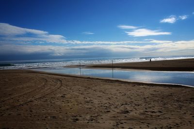 Scenic view of beach against blue sky
