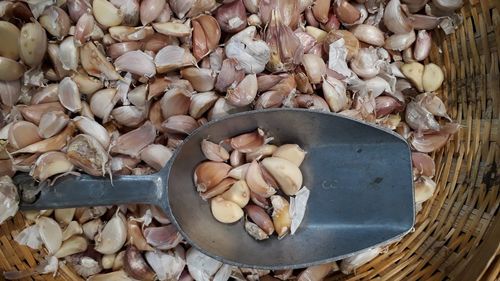 High angle view of chopped mushrooms in market