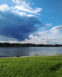 Scenic view of lake against cloudy sky