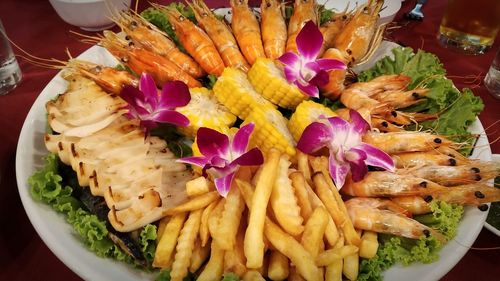 High angle view of chopped vegetables in plate