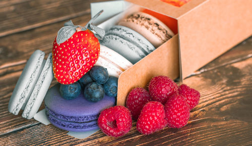 High angle view of strawberries on table