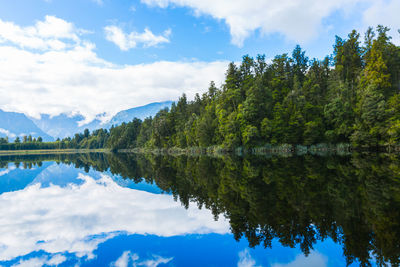 Scenic view of lake by trees against sky