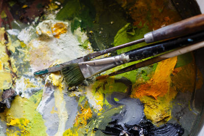 Close-up of paintbrushes on palette