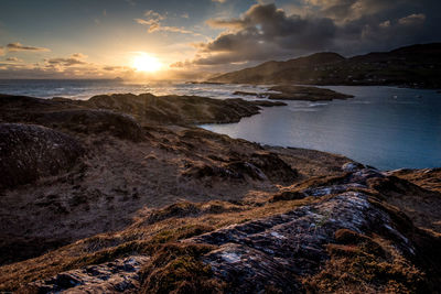 Scenic view of beach against dramatic sky