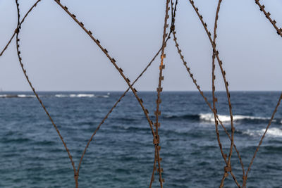 Close-up of metal fence against sea