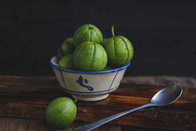 Close-up of fruits in bowl on table