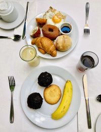 High angle view of breakfast served on table