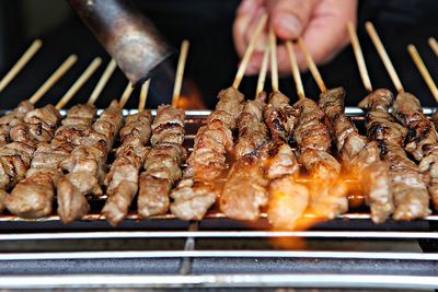 Close-up of person preparing food on barbecue grill