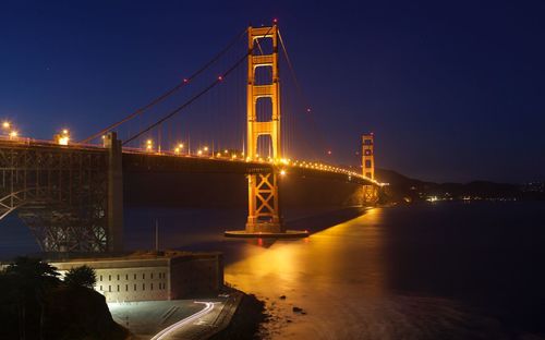 View of suspension bridge at night