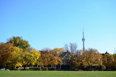 Communications tower against clear sky