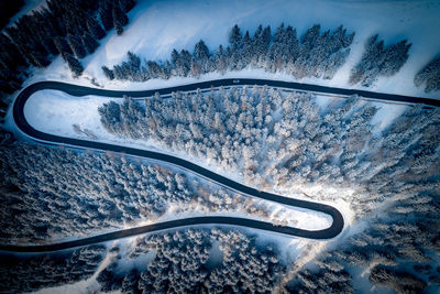 Aerial view of winding road amidst trees during winter