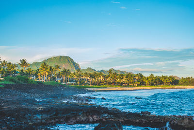 Shipwreck beach viewed from poipu point on island of kauai hawaii on sunny day against blue skies