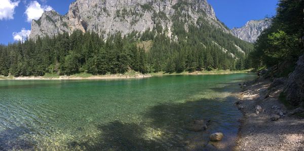 Scenic view of lake and mountains against sky