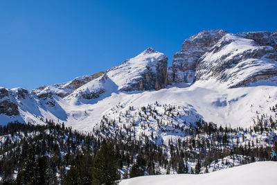 Scenic view of snowcapped mountains against clear blue sky