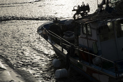 High angle view of abandoned ship moored on shore