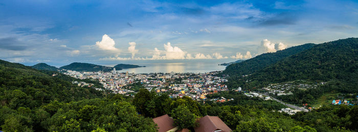 Panoramic view of residential district against sky