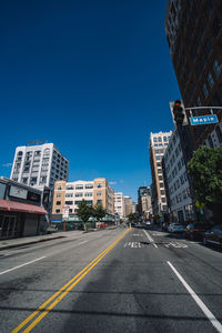 City street and buildings against blue sky