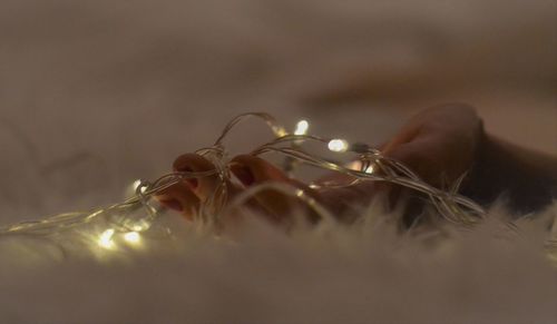 Close-up of hand with christmas lights